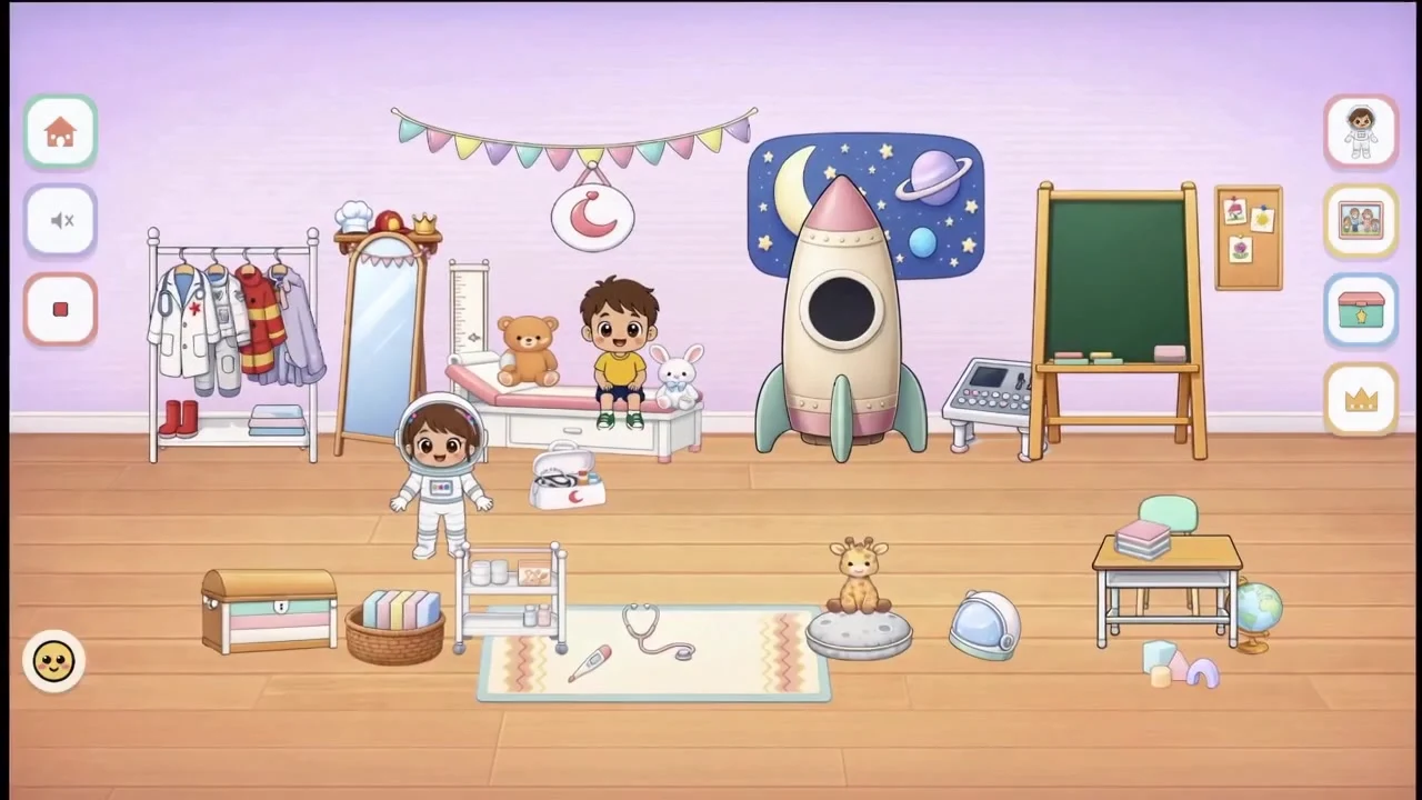 Aya World gameplay with a dress-up corner, rocket and character controls