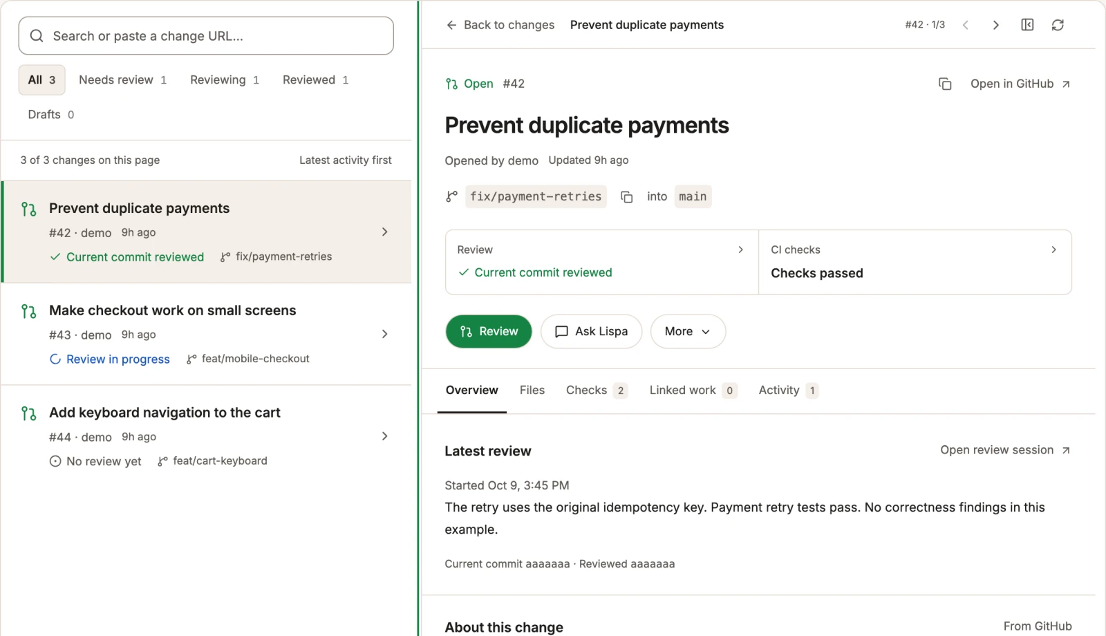 Lispa review workspace with code changes, agent reviews and CI checks