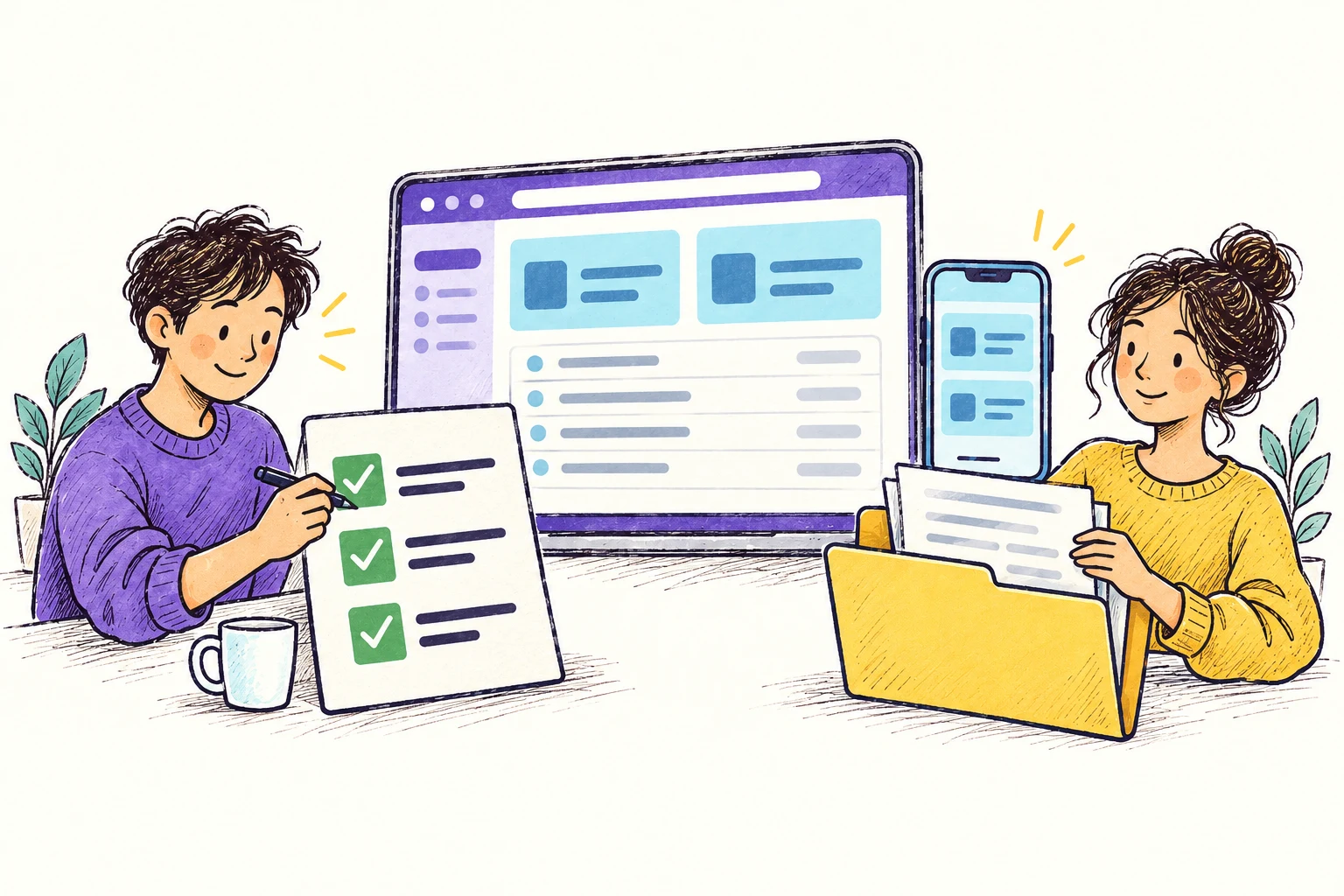 Engineers check a working desktop and mobile product alongside a release checklist and documentation